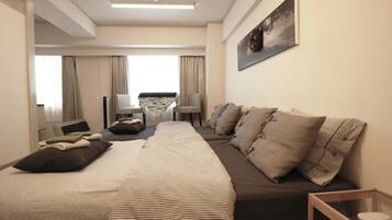 1 bedroom, desk, iron/ironing board, bed sheets