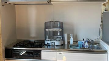 Kühlschrank, Mikrowelle, Herdplatte, Kochgeschirr/Geschirr/Besteck