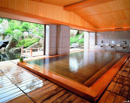 A large indoor hot spring bath with a wooden deck and a view of a natural landscape.
