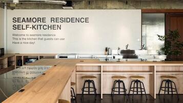 Fridge, microwave, cookware/dishes/utensils