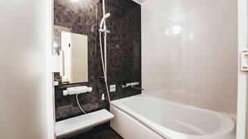Hair dryer, towels, shampoo