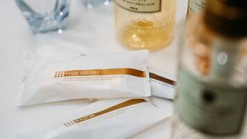 Hair dryer, towels, shampoo