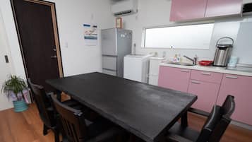 Fridge, microwave, cookware/dishes/utensils
