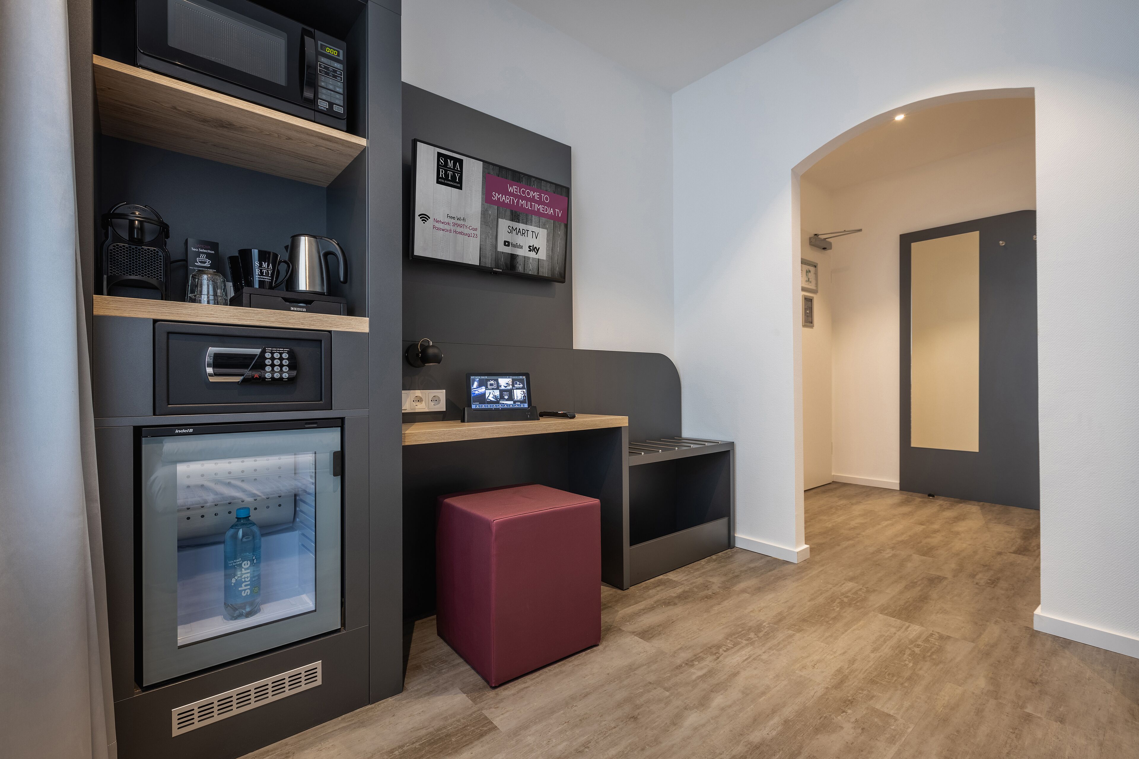 compact double room | living area | 32-inch flat-screen tv with cable channels, tv, tablet