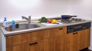 Kühlschrank, Mikrowelle, Herdplatte, Kochgeschirr/Geschirr/Besteck