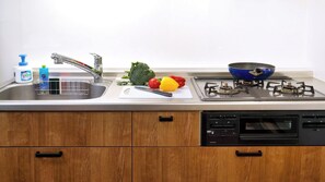 Kühlschrank, Mikrowelle, Herdplatte, Kochgeschirr/Geschirr/Besteck