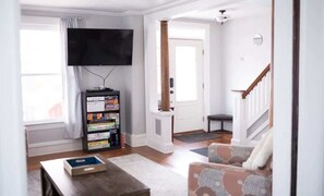 TV, fireplace, video games, DVD player