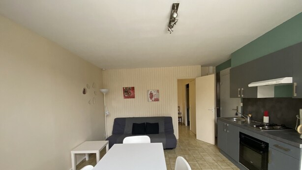 A compact living space with a dining area, kitchenette, and a sofa.