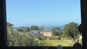 A view from a window overlooking a coastal area with houses and a clear sky.