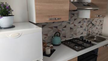 Kühlschrank, Ofen, Herdplatte, Wasserkocher mit Kaffee-/Teezubehör