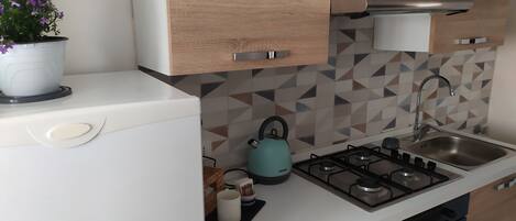 Fridge, oven, stovetop, coffee/tea maker