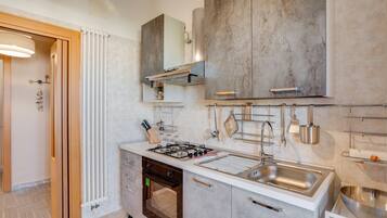 Apartamento | Cocina privada | Frigorífico grande, horno, placa de cocina y utensilios de cocina