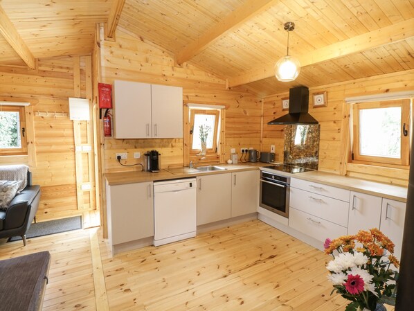 A wooden cabin with a kitchen featuring white cabinets, a dishwasher, a stove, and a sink. There are windows providing natural light and a vase with flowers on the counter. - Port Heron Lodge (Athlone)