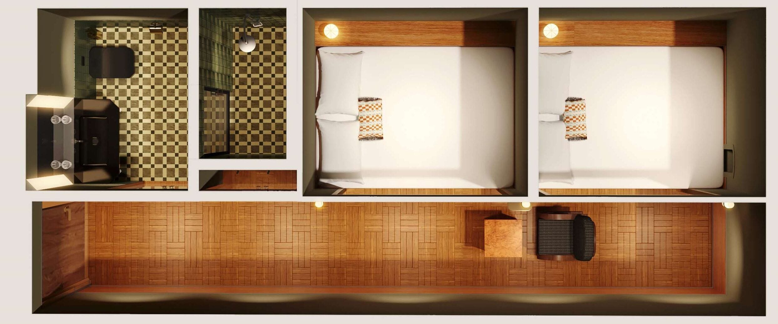 Distribución de una habitación de hotel con piso a cuadros, una cama, un pequeño rincón de descanso y una kitchenette.