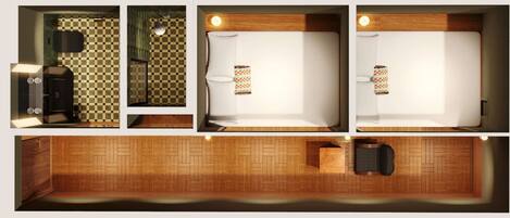Distribución de una habitación de hotel con piso a cuadros, una cama, un pequeño rincón de descanso y una kitchenette.