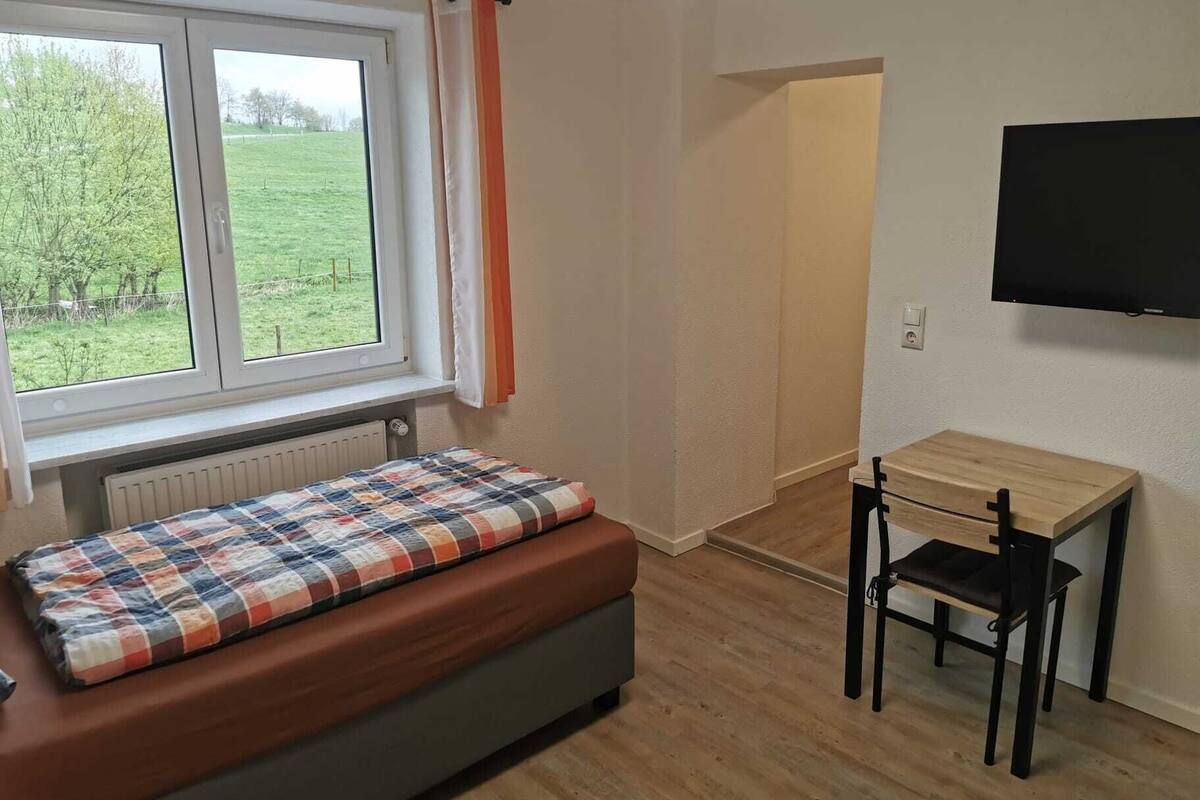 A room with a bed, a window, a radiator, a TV, and a small table with a chair.