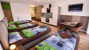 A modern hotel room with a sofa bed, a dining table with chairs, a TV, and a kitchen area. - Speedy's Bed & Breakfast (Reimerath)