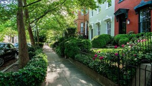 A tree-lined residential street with parked cars and houses with distinct architectural styles. - Dupont Circle sub station DC Apart High speed WiFi (Washington)