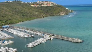 A marina with numerous boats docked, a pier extending into the water, and a hillside with buildings in the background.