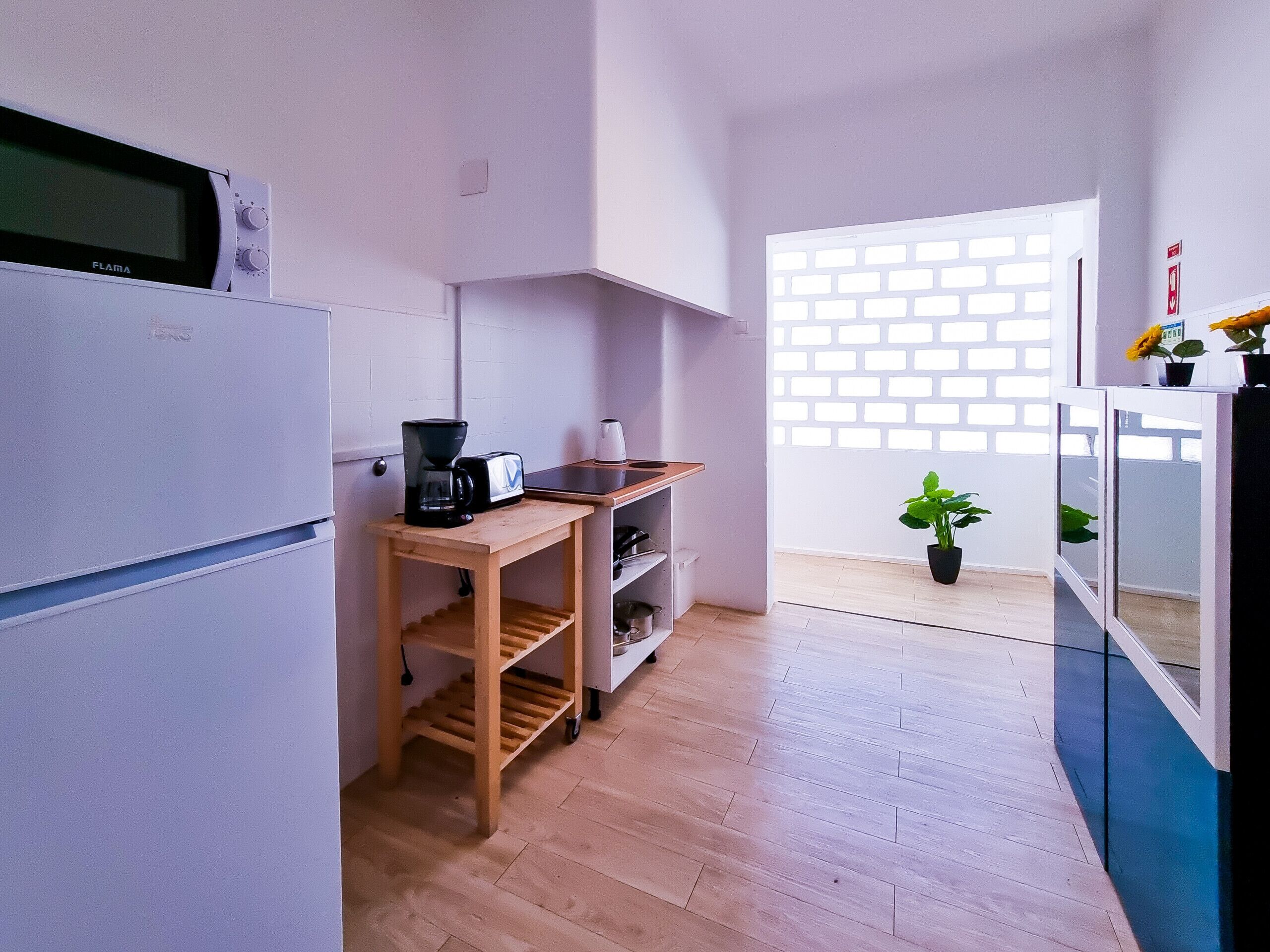 Fridge, microwave, toaster, cookware/dishes/utensils