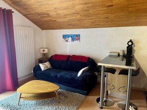 Ein gemütliches Zimmer mit Holzboden, einem blauen Sofa mit roten Kissen, einem kleinen Holztisch und einer Heizung.