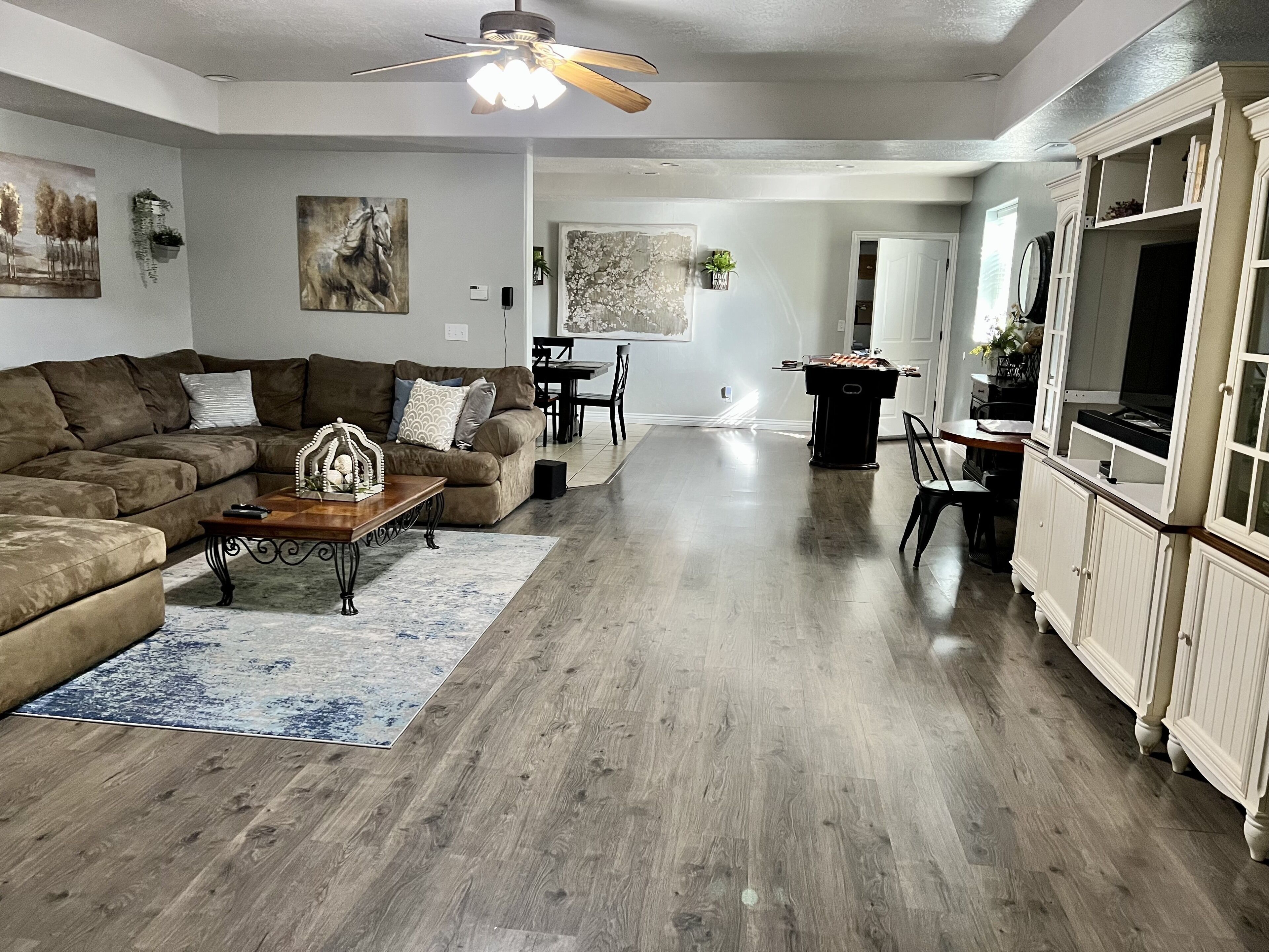 Smart TV, DVD player, foosball, stereo