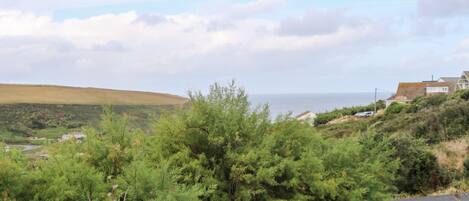 Eine Küstenlandschaft mit Blick aufs Meer, einem grasbewachsenen Hügel und einem Haus mit schrägem Dach.
