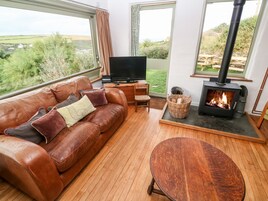 Una sala de estar acogedora con un sofá de cuero, un televisor de pantalla plana, un estufa de leña y vistas al campo.