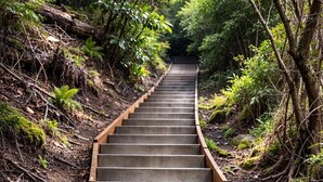 Un escalier en bois menant vers le haut, entouré d’une végétation luxuriante.