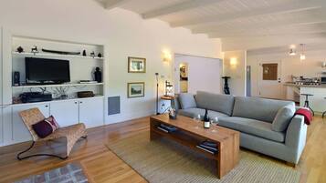 TV connectée, cheminée, livres, chaîne hi-fi