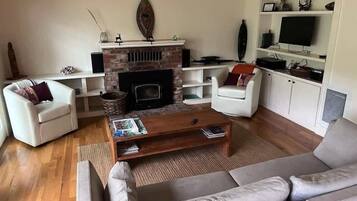 TV connectée, cheminée, livres, chaîne hi-fi