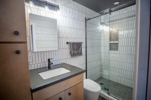 Chuveiro, secador de cabelo, shampoo 