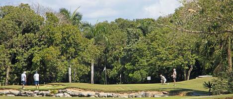 A golf course with a water body in the foreground, surrounded by dense greenery and trees.