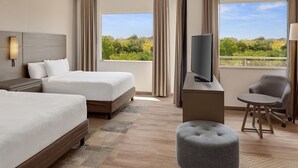 Habitació d'hotel amb dos llits, televisió, escriptori, cadira i vista a zona verda.