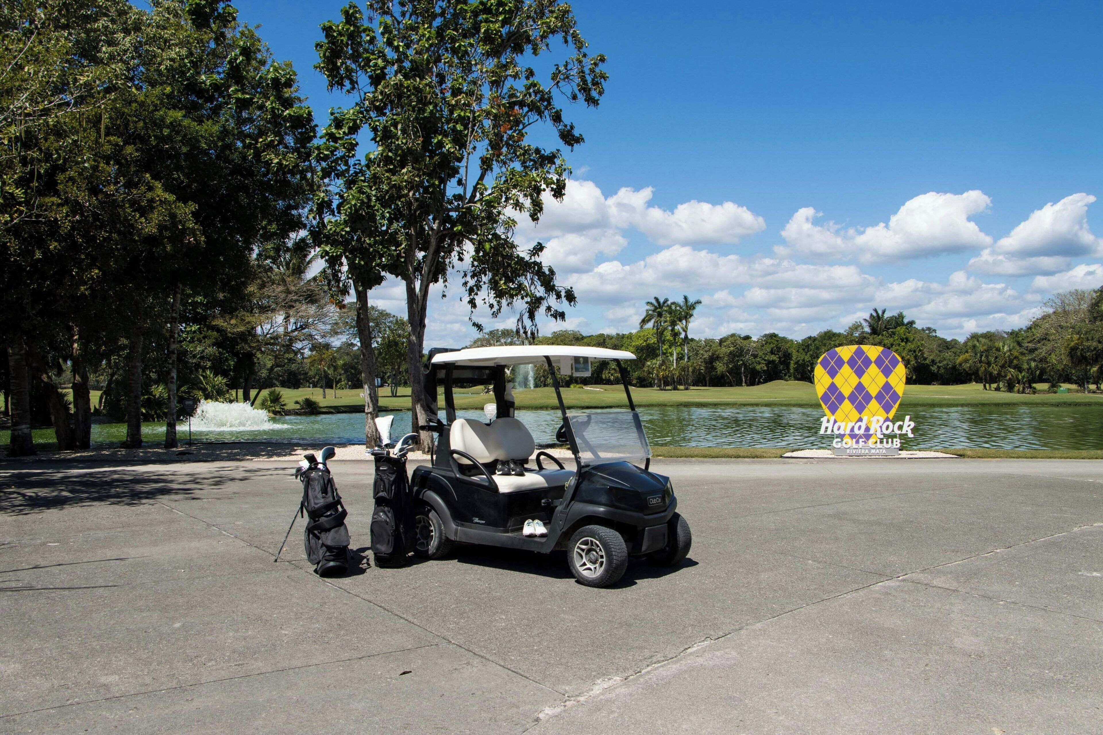 Un carrito de golf estacionado cerca del agua, con árboles y cielo despejado al fondo.