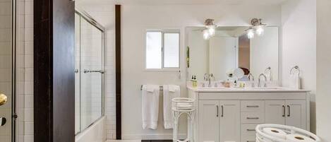 Shower, hair dryer, shampoo