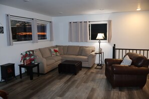 Smart TV, fireplace, books