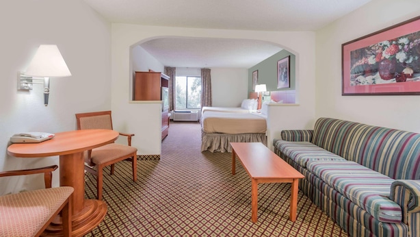 Une chambre d’hôtel avec un lit, un canapé, une table et une chaise. Il y a une fenêtre avec des rideaux, une lampe et un tableau au mur.