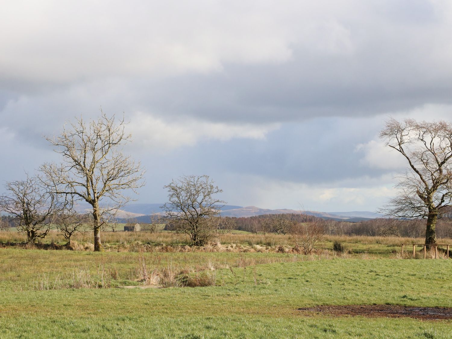 Paisaje rural con campos abiertos, árboles dispersos y colinas lejanas bajo un cielo nublado.