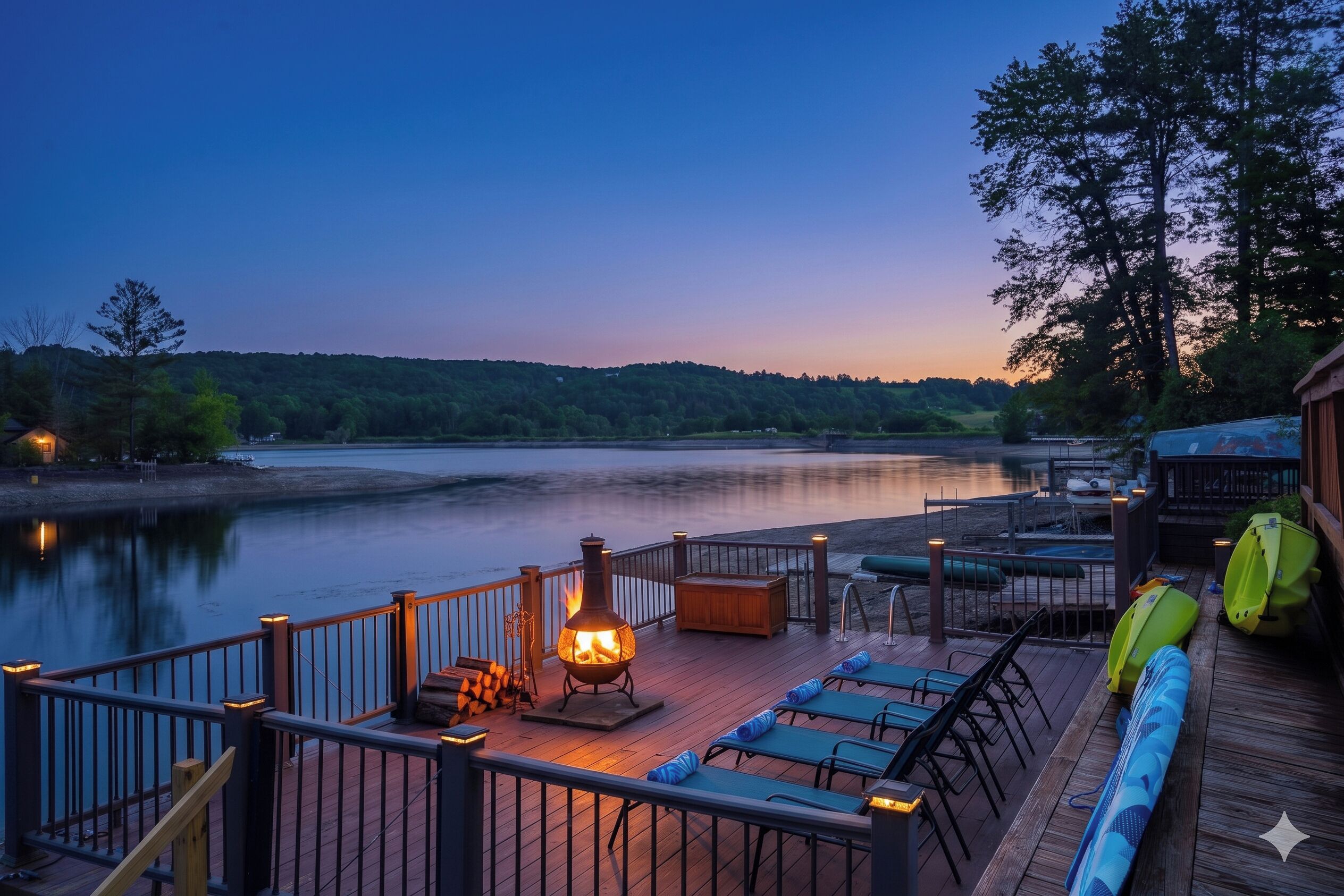 Une terrasse dotée d’un foyer, de chaises longues et de kayaks.