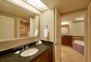 Hair dryer, bidet, towels, soap