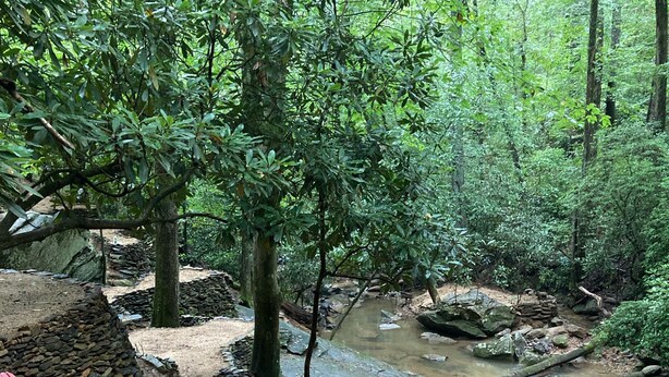 Waldlandschaft mit einem kleinen Bach, roten Adirondack-Stühlen und einer Feuerstelle aus Stein.