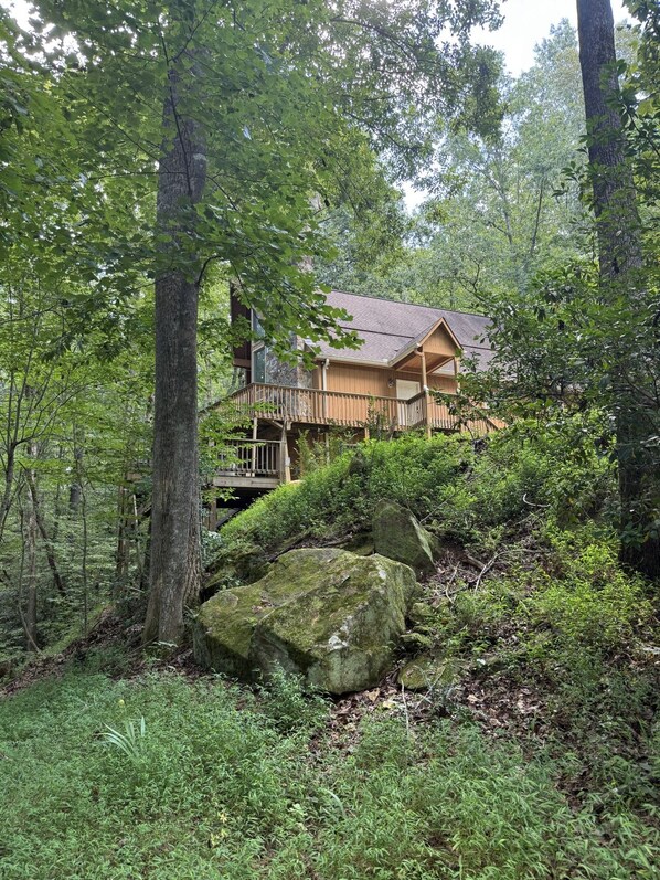 A cabin with a wooden deck and a stone fireplace, surrounded by dense forest.