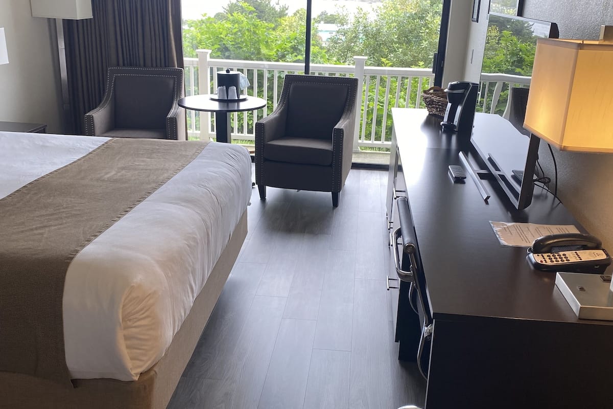 A hotel room with a large bed, a desk with a lamp, a chair, and a view of greenery through the windows.