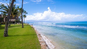 A beachfront hotel with a grassy lawn, palm trees, and a clear view of the ocean. - Sunny corner unit, natural light and breezy vibes (Lahaina)