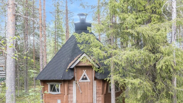 A small wooden cabin surrounded by dense forest.