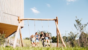 A wooden swing set in a grassy area with a modern building in the background. - Holiday Apartment "Liselotte" with Terrace, Garden & Wi-Fi (Neukirch)