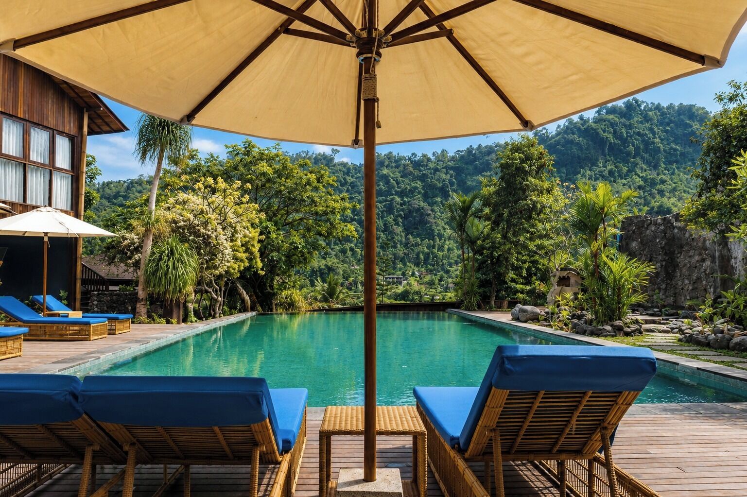 Outdoor pool, pool umbrellas, pool loungers