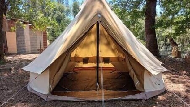 A tent set up in a wooded area with a clear sky.