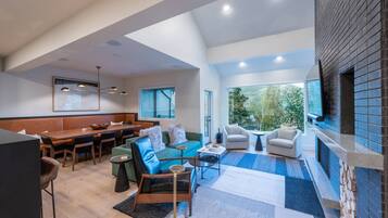 TV connectée, cheminée, lecteur de DVD, chaîne hi-fi